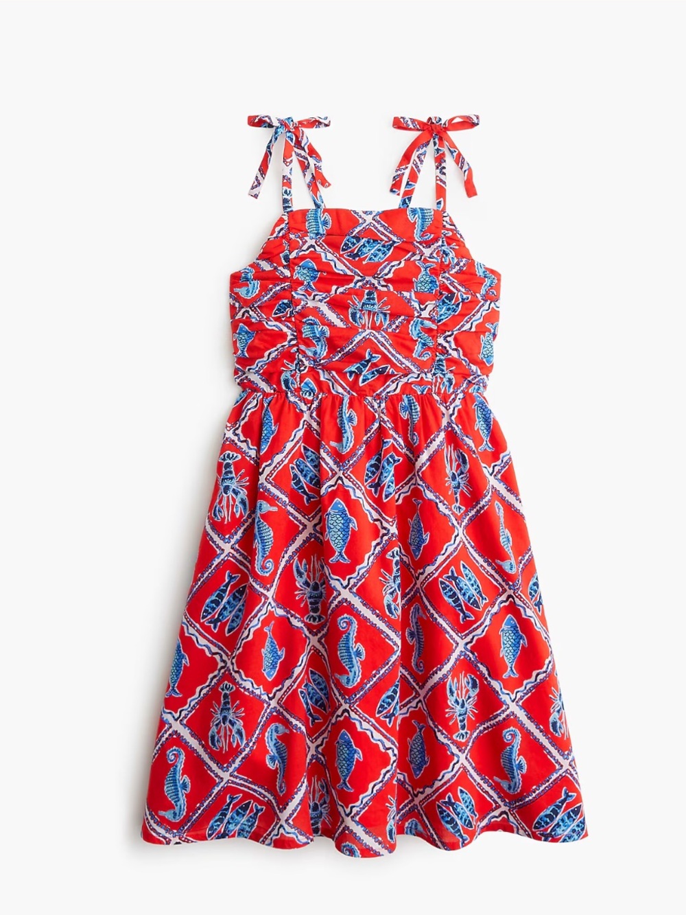 J. Crew Crewcuts Ruched Bodice Sundress Marine Print Lobster Red Blue Size 14